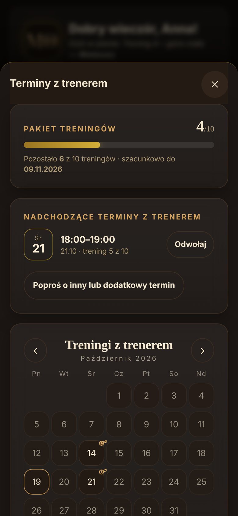 MO app screen: Appointments and package