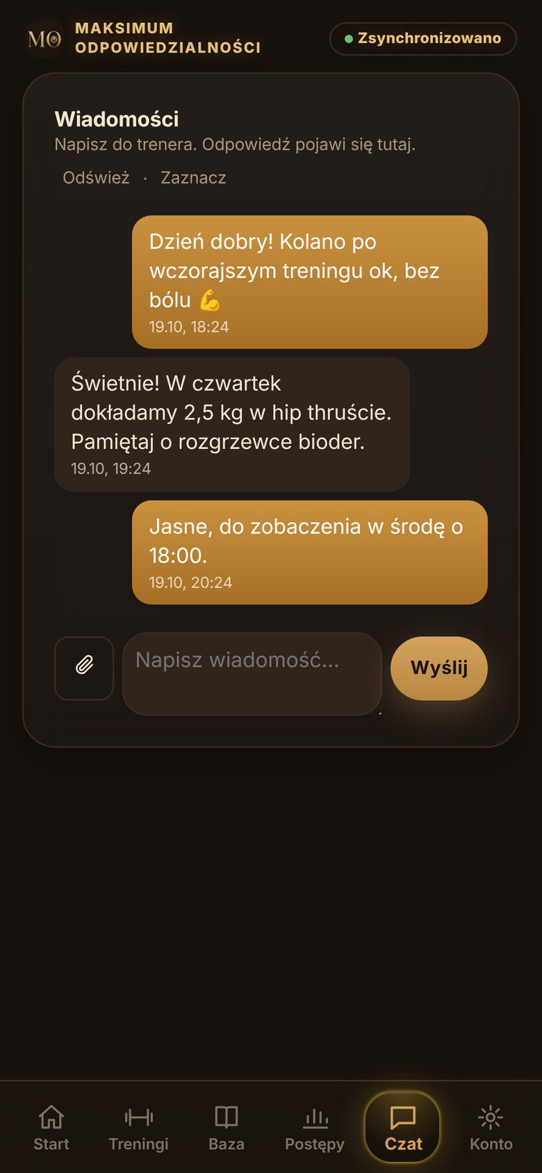 MO app screen: Contact with your trainer